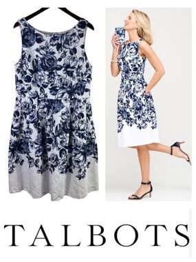 Talbots Dress Sundress Sz 16 XL 1X Floral Roses Navy Blue White Slvlss Elegant!